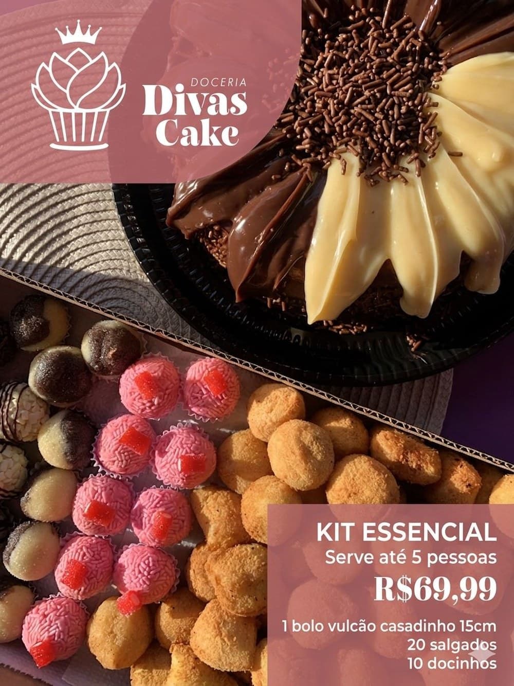 Kit Essencial da Divas Cake: bolo vulcão casadinho, salgados e docinhos, por R$ 69,99